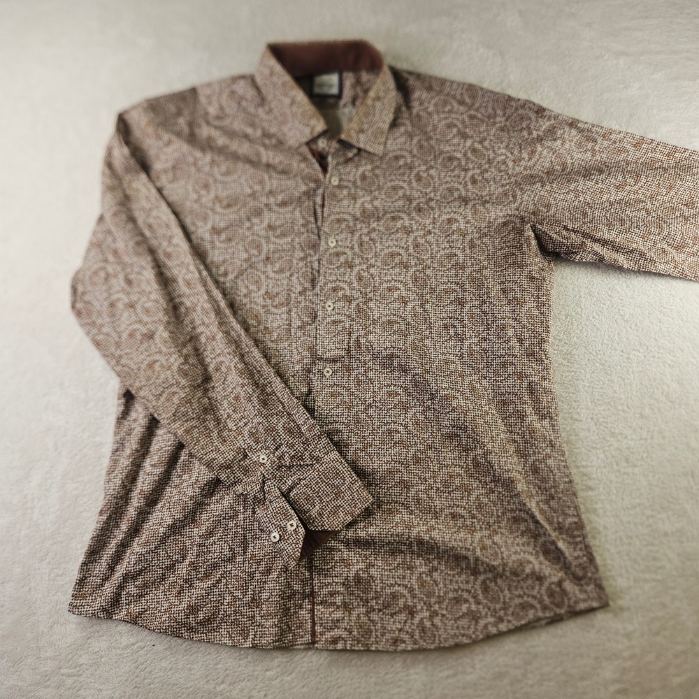 T.M. Martin Mens XXL Slim Fit Brown White Paisley Micro Pattern Button Down